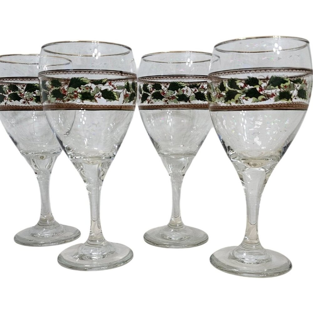 Holly Holiday Royal Limited Goblets 7.5" set4 vtg 1980s red berries gold tr